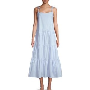 SOLID AND STRIPED TIERED POPLIN MIDI DRESS SIZE S